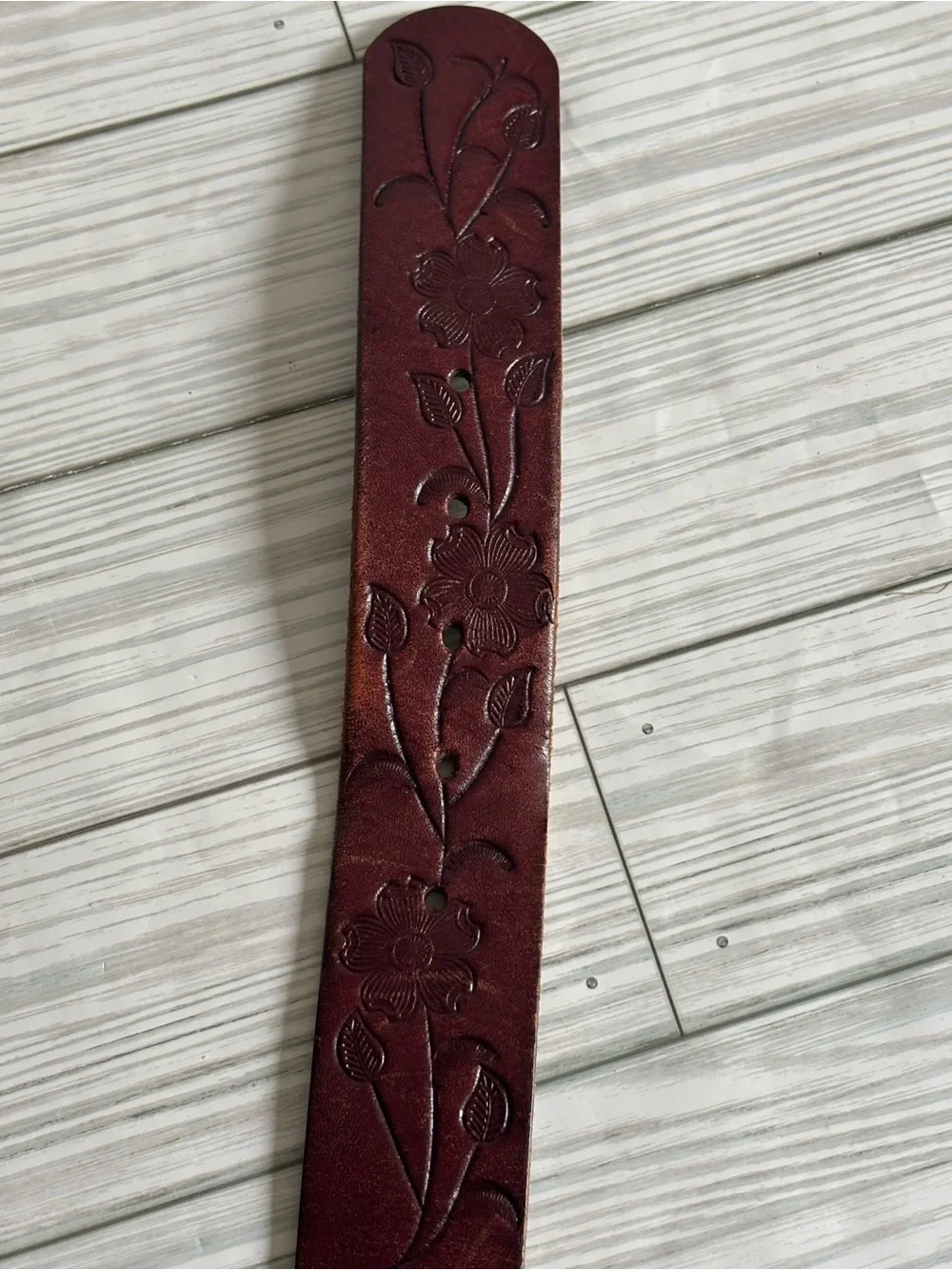 Fossil Leather Tooled Brown Women's Belt with Silver Buckle